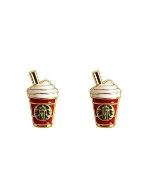 Starbucks Inspired Coffee Cup Stud Earrings Gold Tone Enamel Earrings